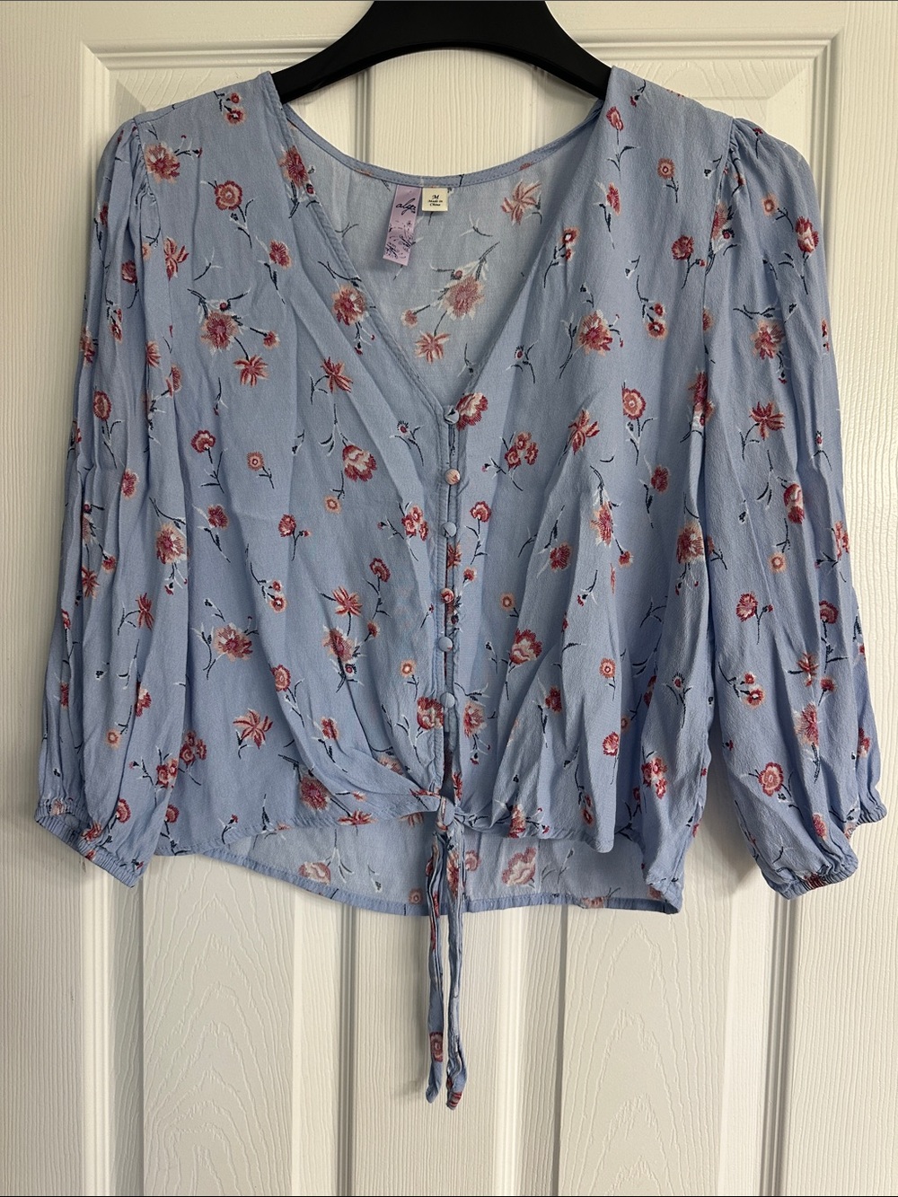 Alya Light Blue Floral Button-Front Tie Blouse